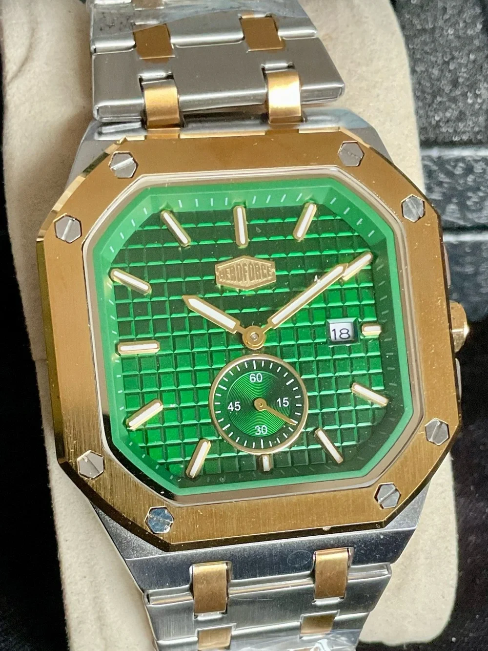 NIB Green and Gold Octagonal Square S/S Heroforce Watch Waffle Dial + Tool